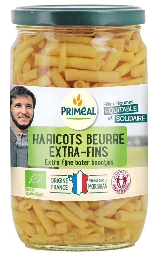 Primeal bio boterbonen from France, extra fine, 660g, fresh green beans in a clear bowl, organic vegetable product.