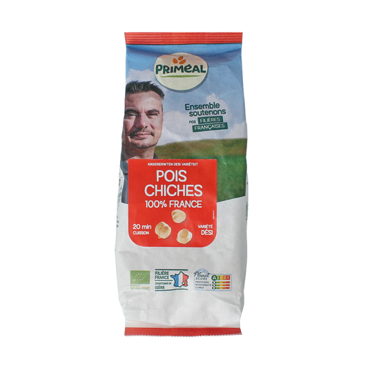 Primeal organic French desi chickpeas in a 500g package, fresh and ready for cooking, part of the vegetables and fruits category