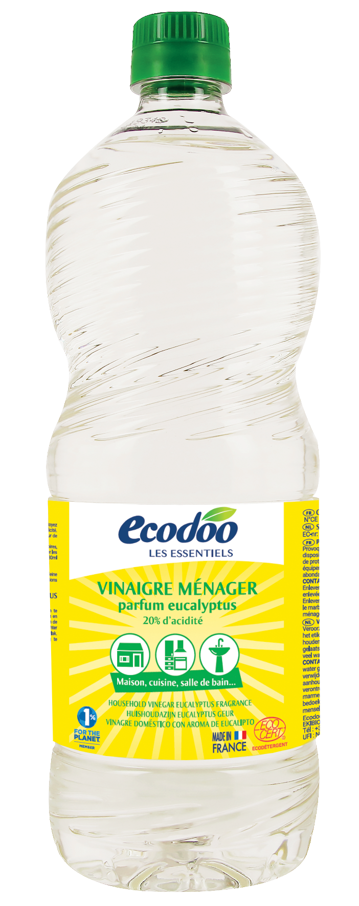 Ecodoo eucalyptus-scented vinegar spray in a 1-liter bottle, eco-friendly cleaning product from Ecodoo for versatile use