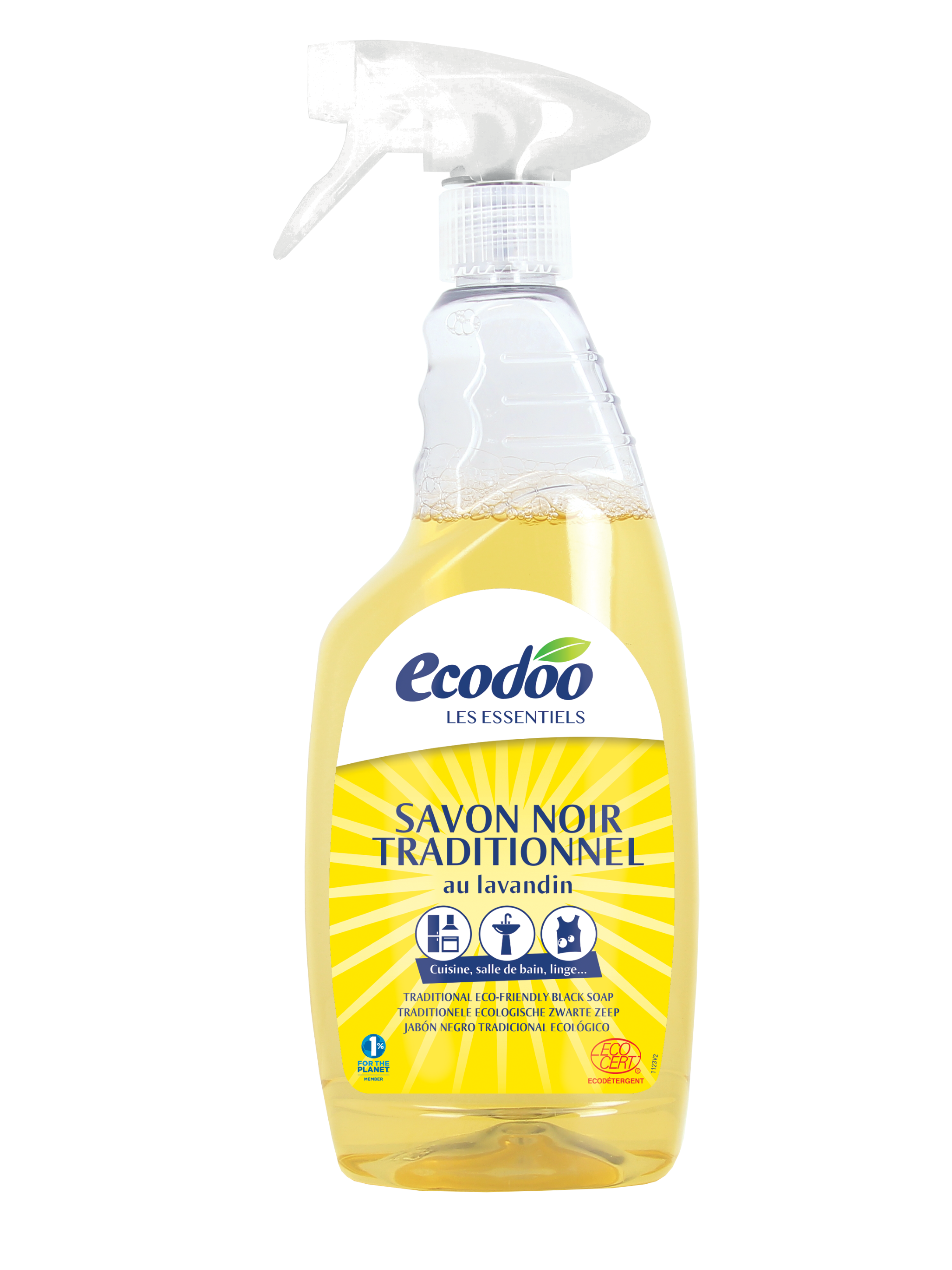 Ecodoo Zwarte Zeep spray in 750ml bottle, natural bio soap with black color and spray nozzle for versatile cleaning purposes