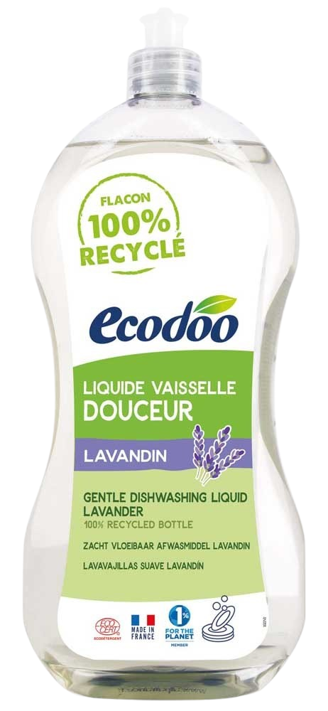 Ecodoo liquid dish soap with lavender bio scent in a 1-liter bottle, natural and gentle for cleaning dishes.