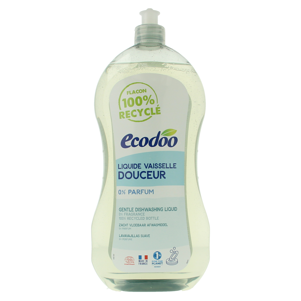Ecodoo hypoallergenic liquid dish soap in a 1-liter bottle, eco-friendly and gentle for sensitive skin, ideal for dishwashing.