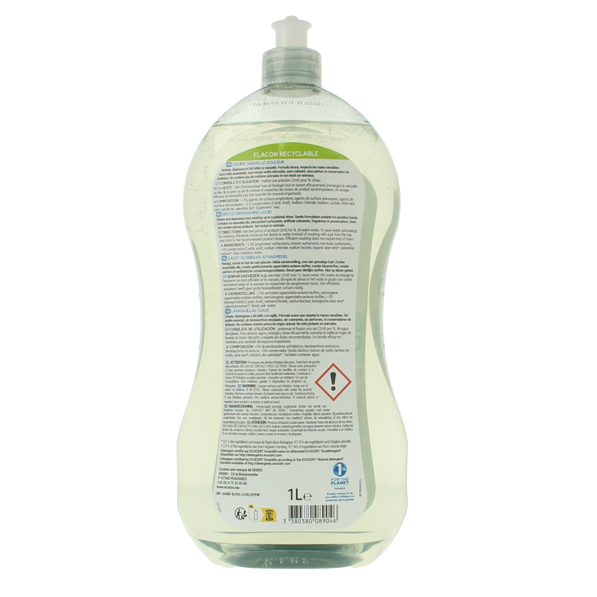 Ecodoo hypoallergenic liquid dish soap in a 1-liter bottle, gentle and eco-friendly for cleaning dishes.