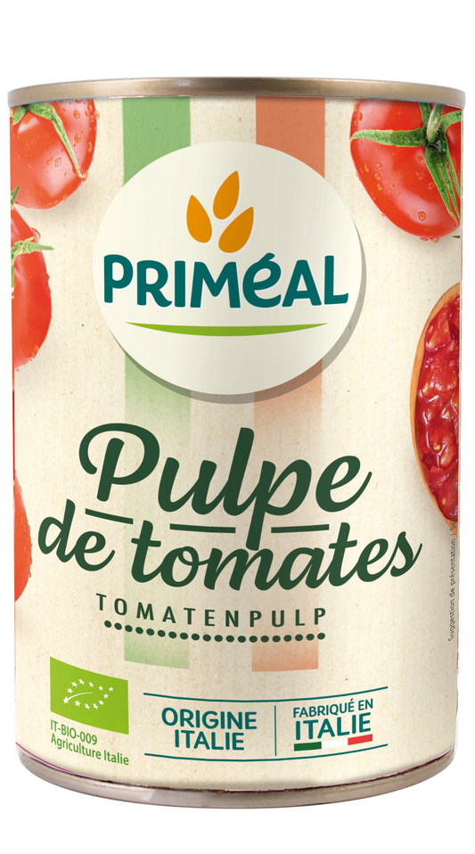 Primeal organic tomato sauce with chunks in 400g jar, ideal for pasta and cooking, from Primeal sauces and flavorings.