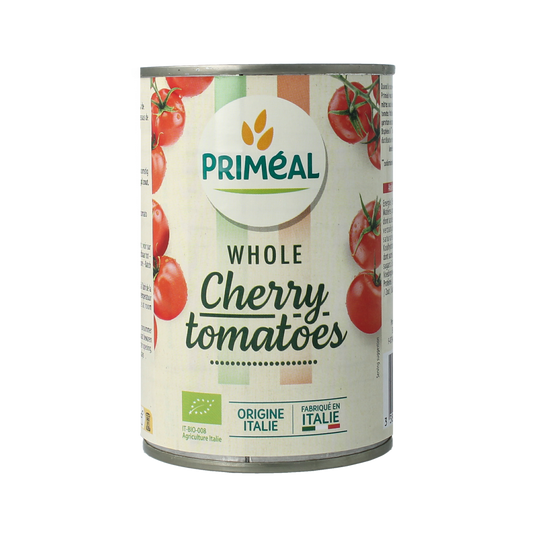 Primeal organic cherry tomatoes in 400g package, fresh vibrant red tomatoes, for cooking or salads.