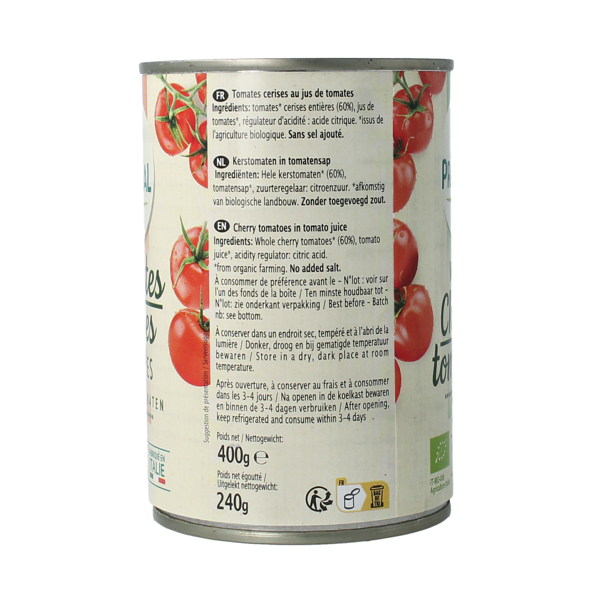 Primeal organic cherry tomatoes in a 400g package, fresh red heirloom tomatoes for salads and cooking.