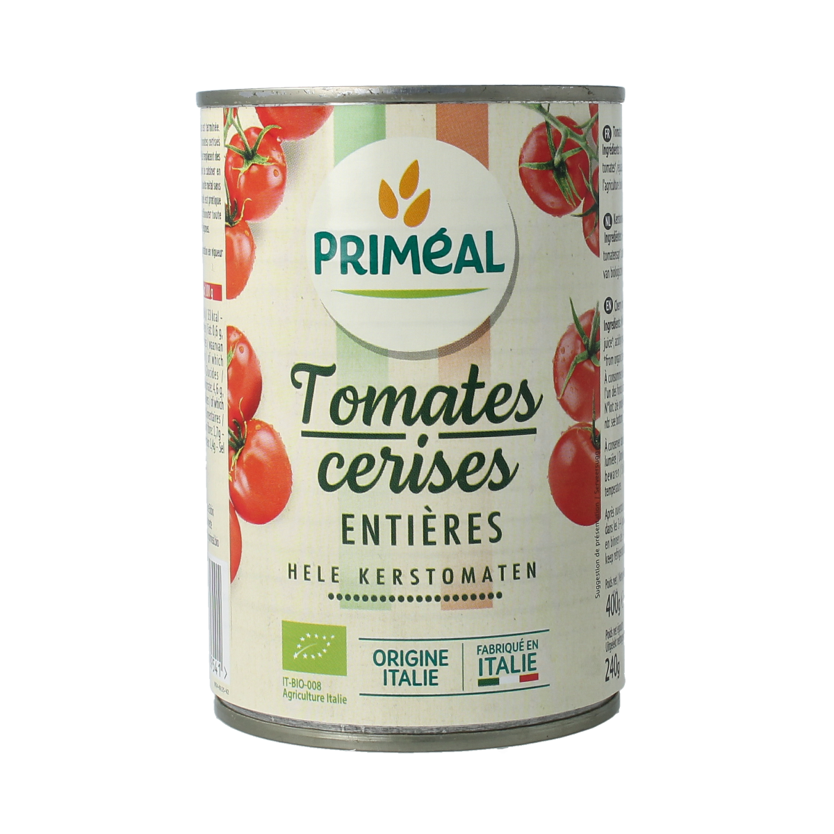 Primeal organic cherry tomatoes in a 400g package, fresh and vibrant, ideal for salads and cooking.