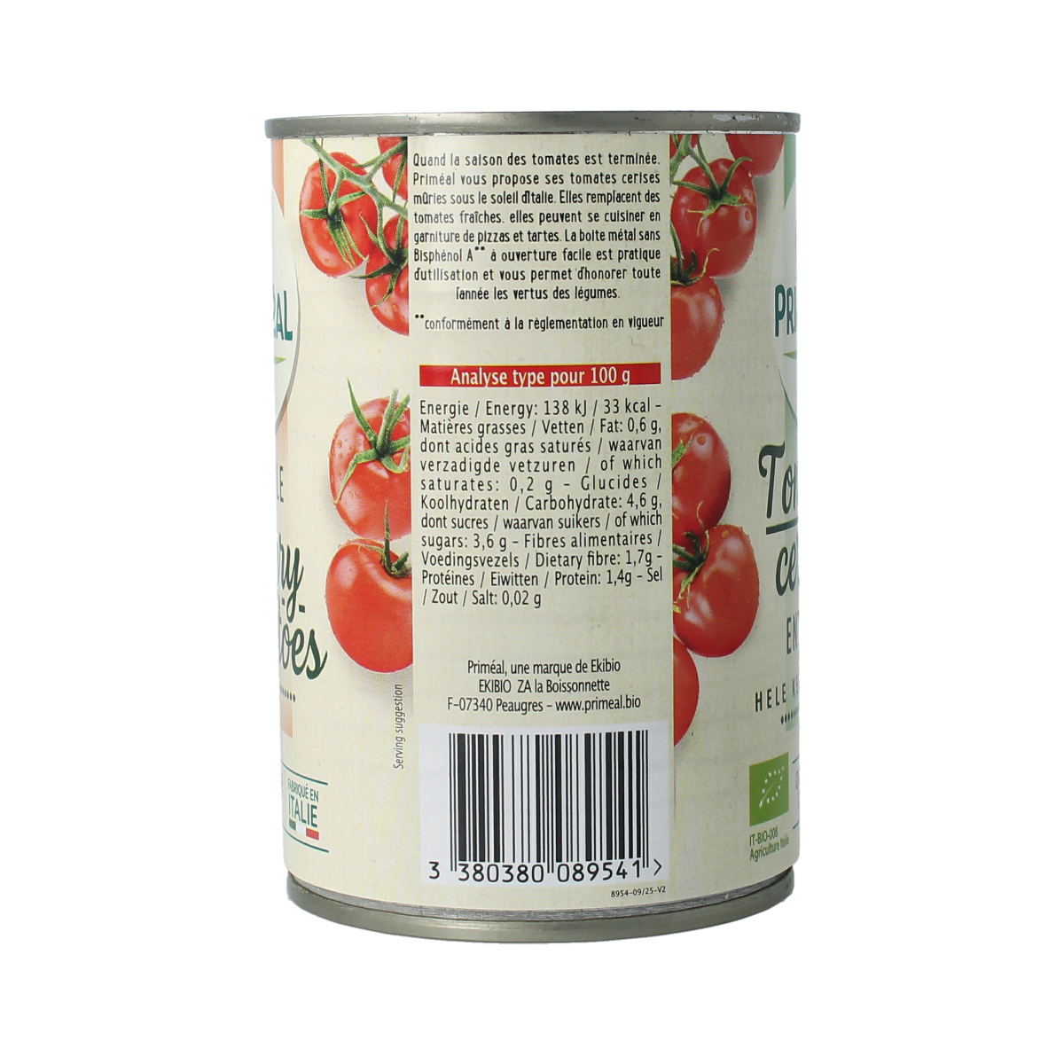 Primeal organic cherry tomatoes in a 400g package, fresh red tomatoes, perfect for salads and cooking.