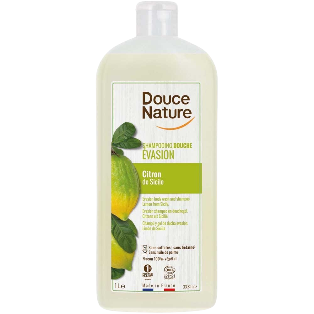 Douce Nature citrus-scented 1L organic shower gel and shampoo with citrus scent, natural and nourishing for skin and hair.