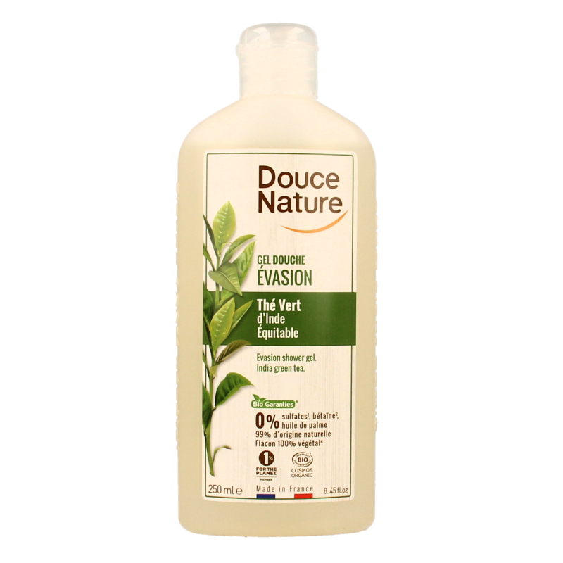 Douce Nature evasion groene thee biologische douchegel in 250ml bottle, natural shower gel for refreshing cleanse