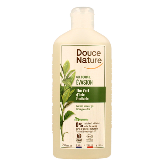 Douce Nature evasion groene thee biologische douchegel in 250ml bottle, natural shower gel for refreshing cleanse