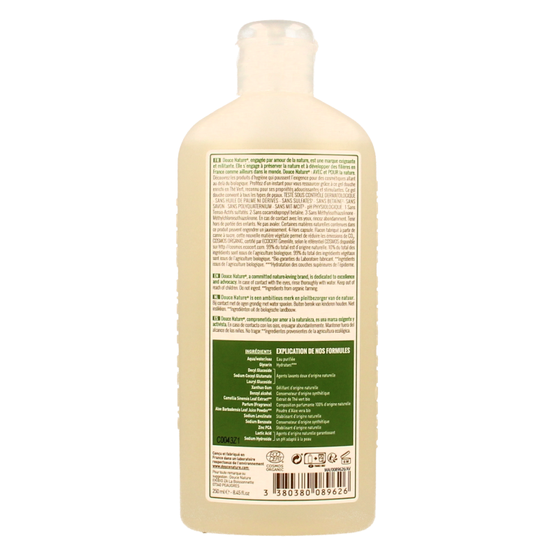 Douce Nature Evasion Groene Thee biologische douchegel in 250ml bottle, natural personal care product for cleansing and refreshment.