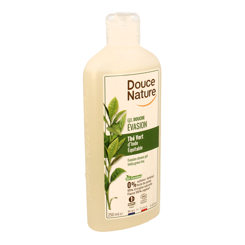 Douce Nature groene thee biologische douchegel in 250ml bottle, suitable for bath and shower use.