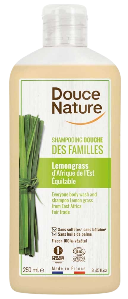 Douce Nature family lemongrass bio shower gel and shampoo bottle, 250ml, natural skincare for hair and body.