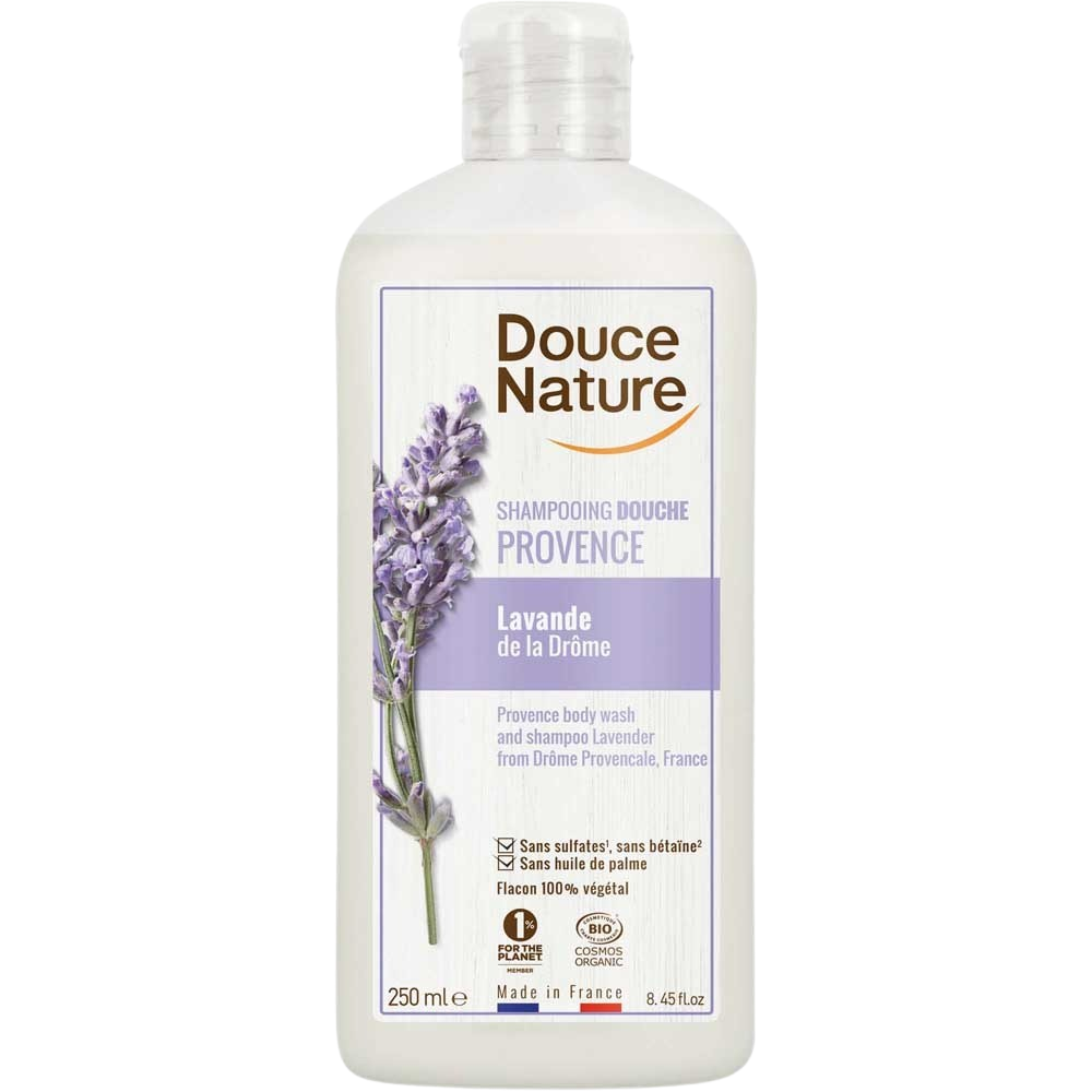 Douce Nature lavender Provence bio 250ml shower gel and shampoo, natural bath and shower product with lavender scent.