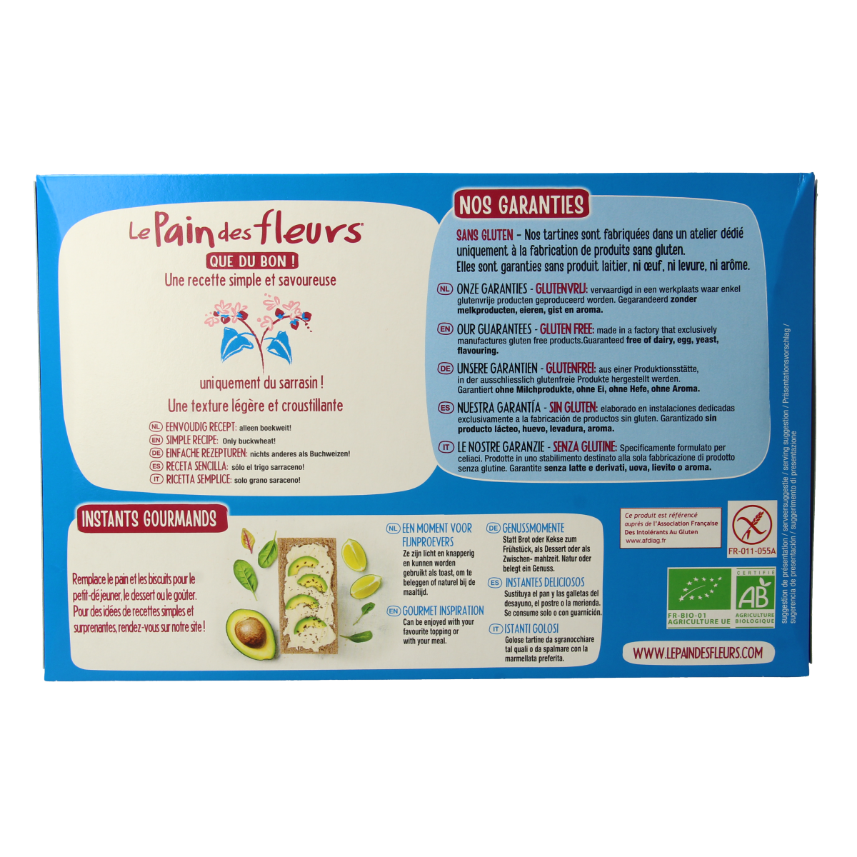 Pain Des Fleurs gluten-free, saltless buckwheat crackers in a 300g package, crispy and organic, ideal for snacking or pairing.