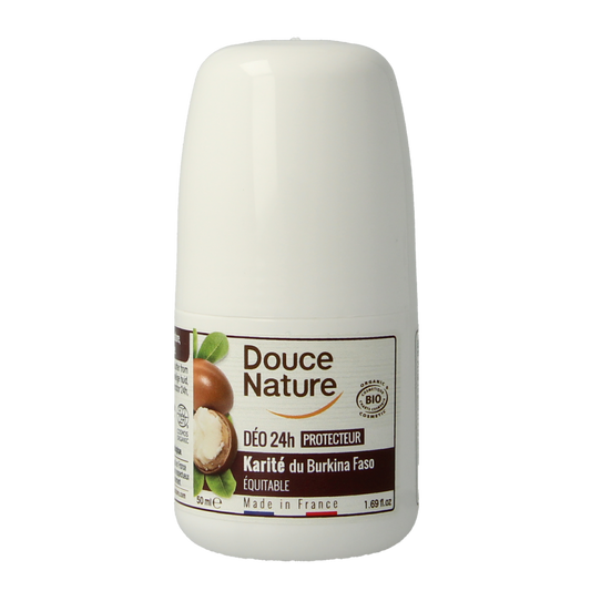 Douce Nature bio deodorant roll-on with shea butter, 24-hour freshness, 50ml bottle, natural and eco-friendly skincare.