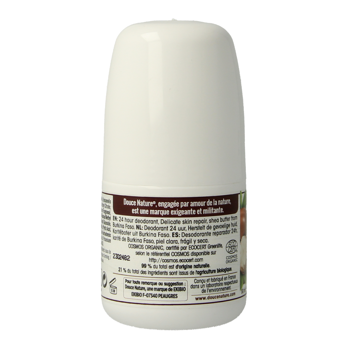 Douce Nature deodorant roll-on with shea butter, 24-hour natural bio deodorant, 50ml bottle with white cap and clear label.
