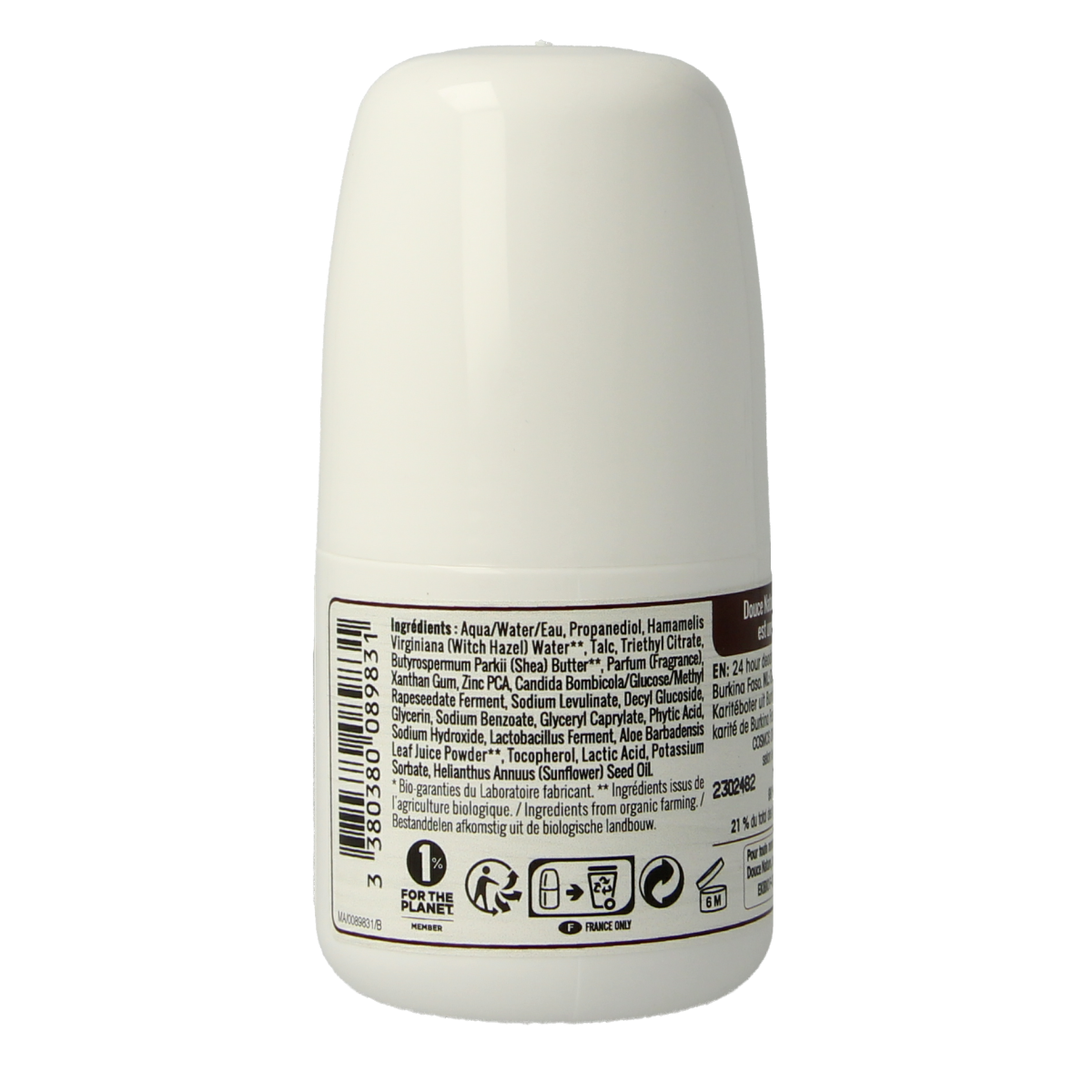 Douce Nature bio deodorant roll-on with shea butter, 24-hour fresh protection, 50ml bottle, natural skincare product
