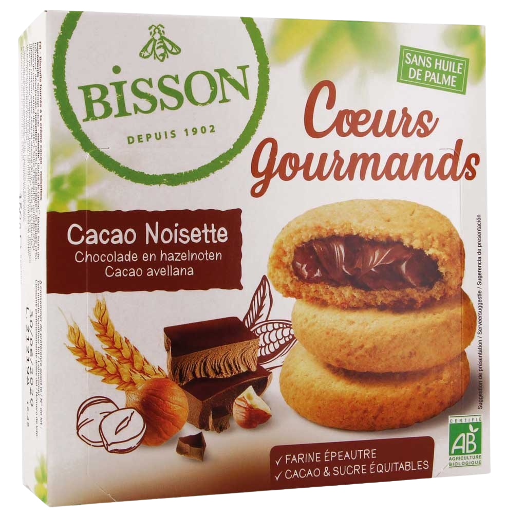 Bisson hazelnut chocolate filled cookies, bio, 180g, showing golden-brown koeken with hazelnut and chocolate filling inside.