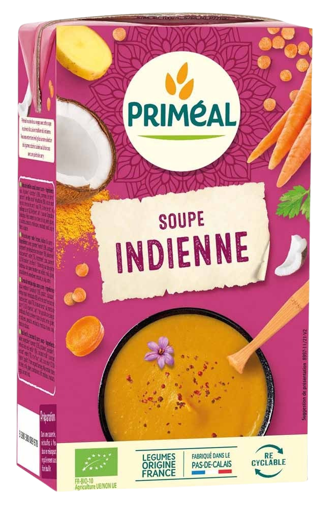Primeal Indiase rode linzensoep with coconut and curry in a 1-liter container, part of Primeal's organic soup and broth range.