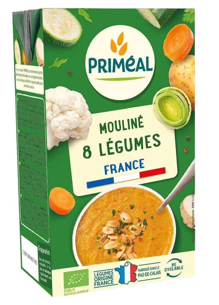 Primeal organic vegetable soup with 8 types of vegetables in 1-liter carton, showcasing fresh ingredients and vibrant colors.