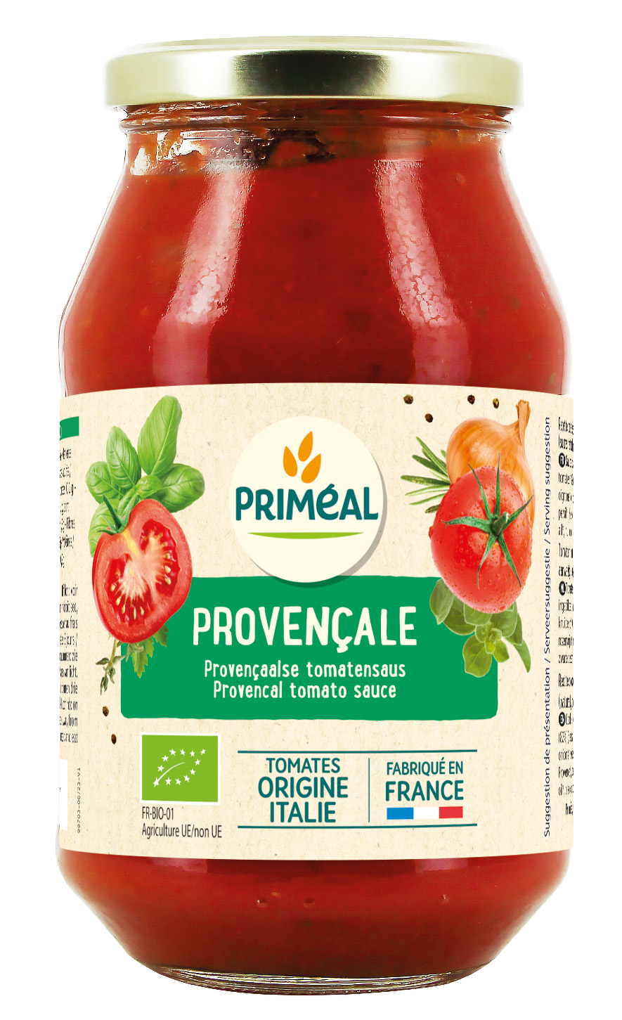 Primeal organic Provencal-style tomato sauce in a 510g jar, showcasing a vibrant, chunky tomato-based sauce with herbs and spices.
