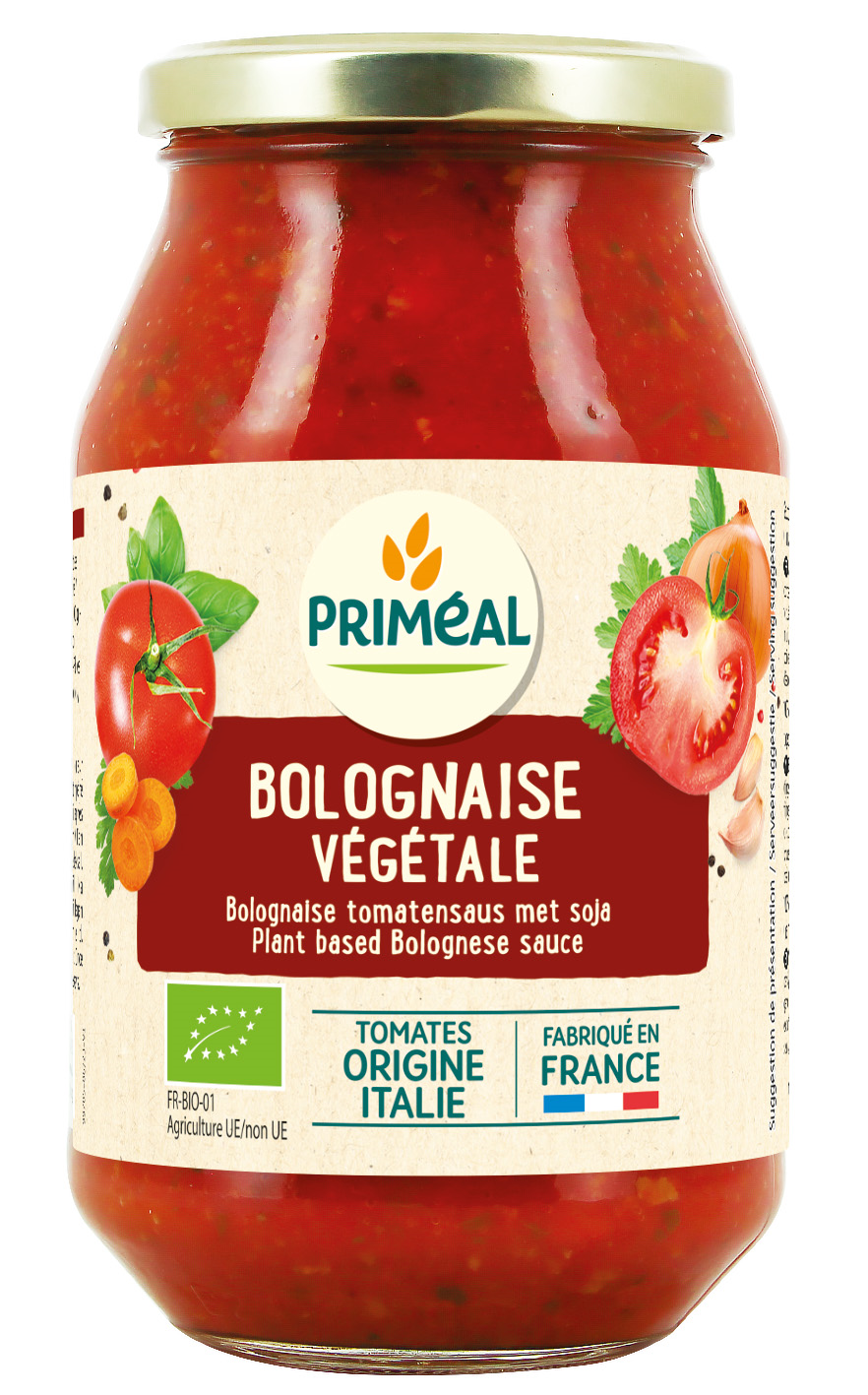 Primeal vegetarian Bolognese tomato sauce in 510g jar, organic sauce with rich tomato and vegetable ingredients.