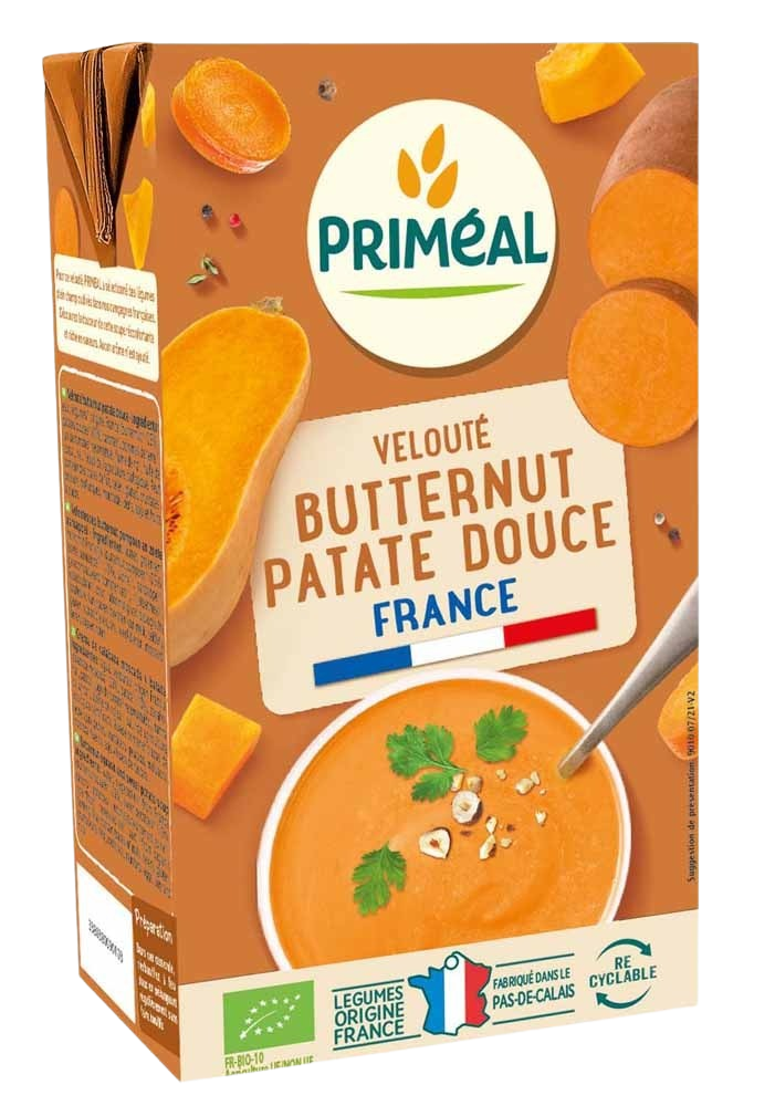 Primeal organic sweet potato and butternut squash soup in a 1-liter container, showcasing a creamy, vibrant orange soup with fresh ingredients.