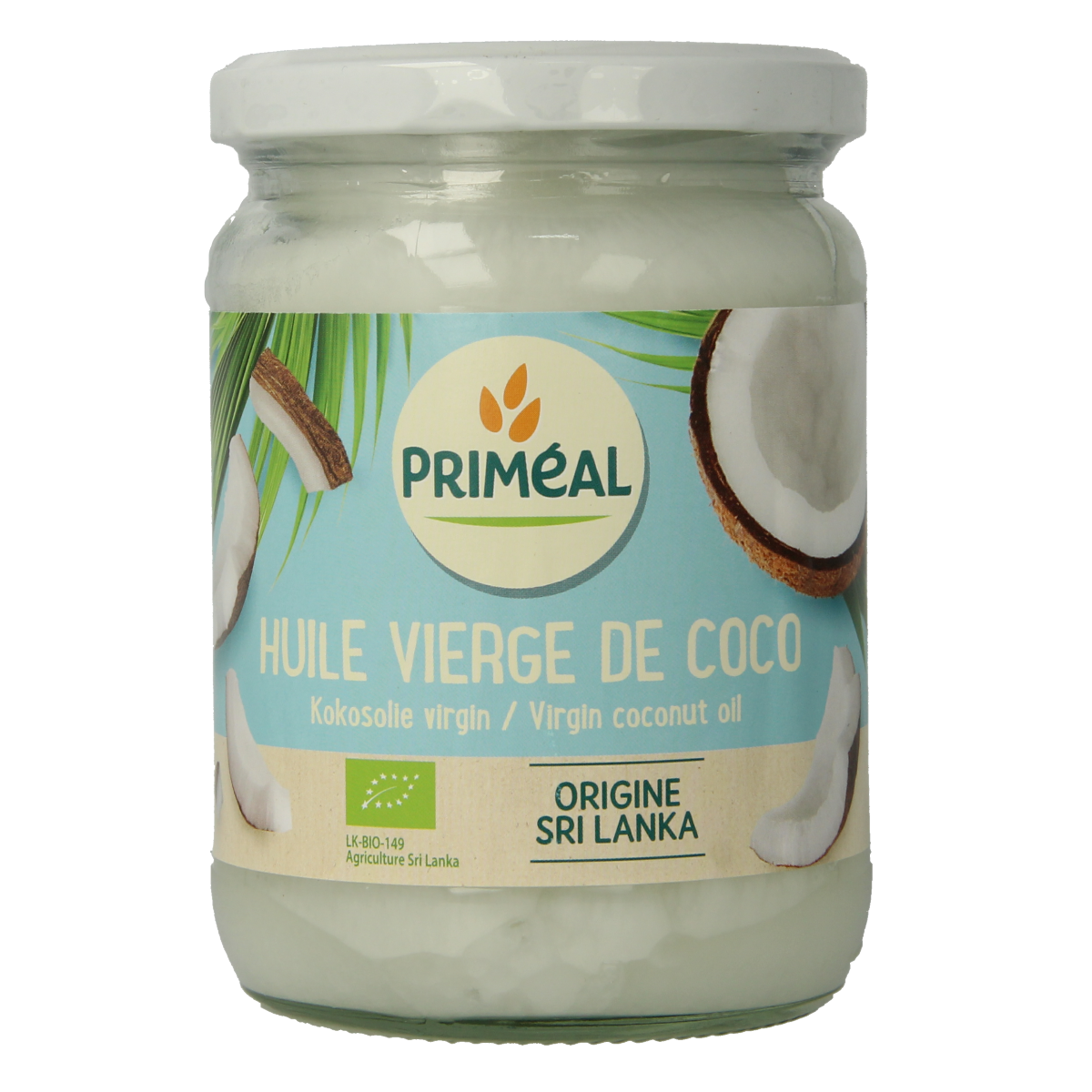 Primeal bio coconut oil 500ml bottle, natural coconut oil for cooking and baking, with a clear view of the product label.