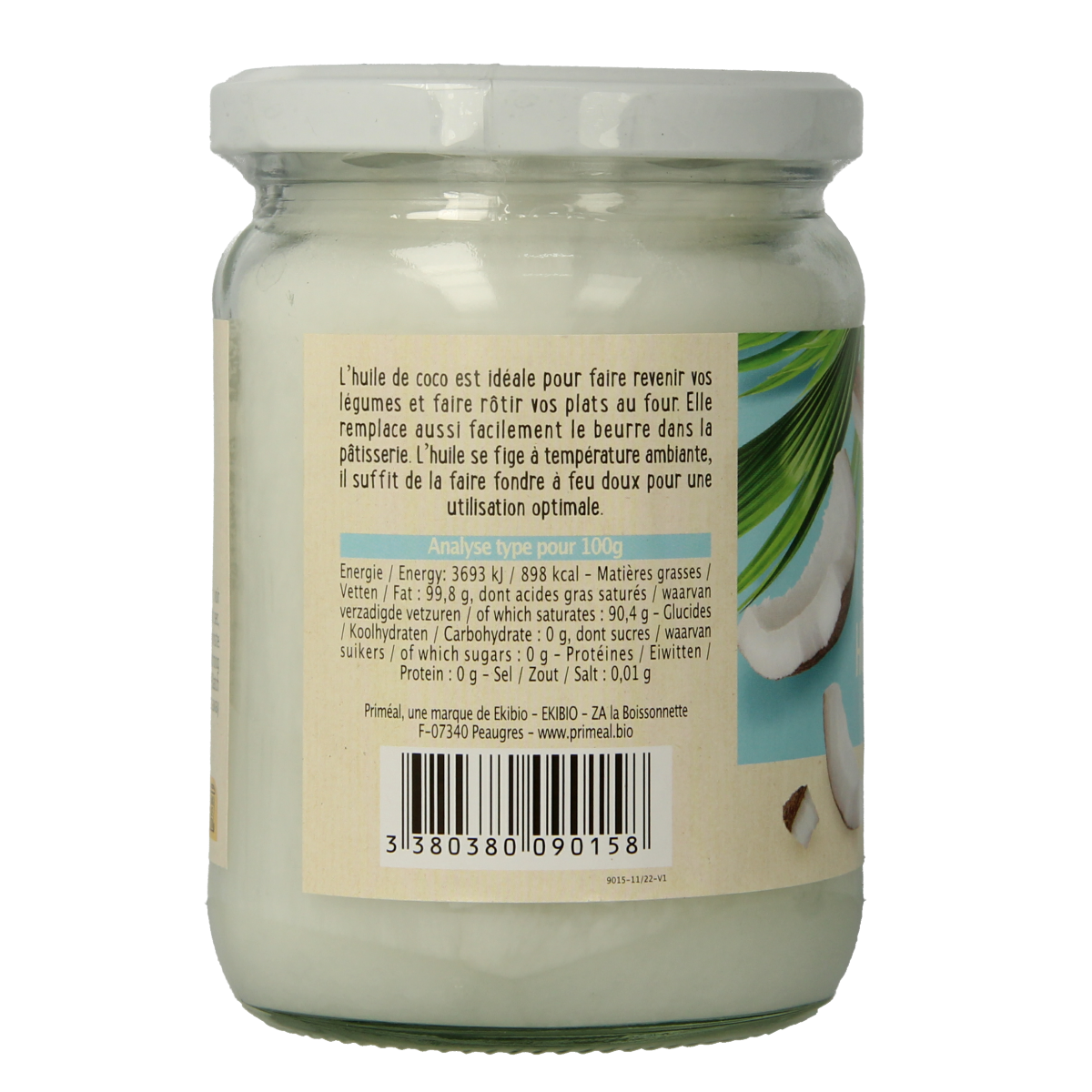 Primeal bio coconut oil in a 500ml bottle, showcasing a clear container filled with golden coconut oil.