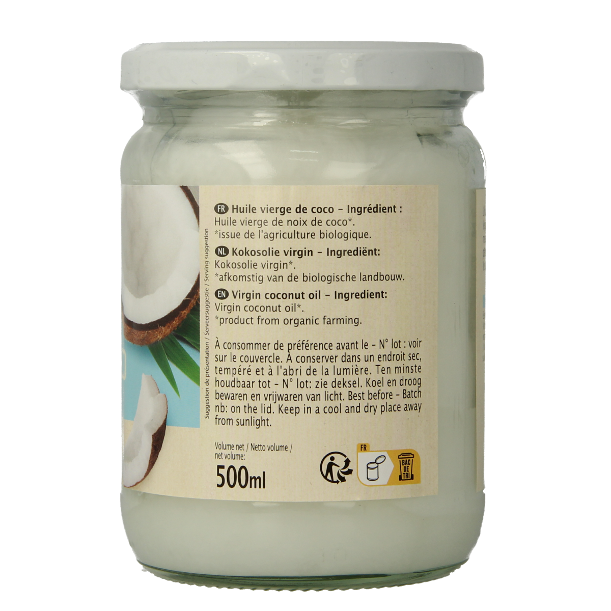 Primeal organic coconut oil in a 500ml bottle, natural and unrefined, suitable for cooking and skincare applications.