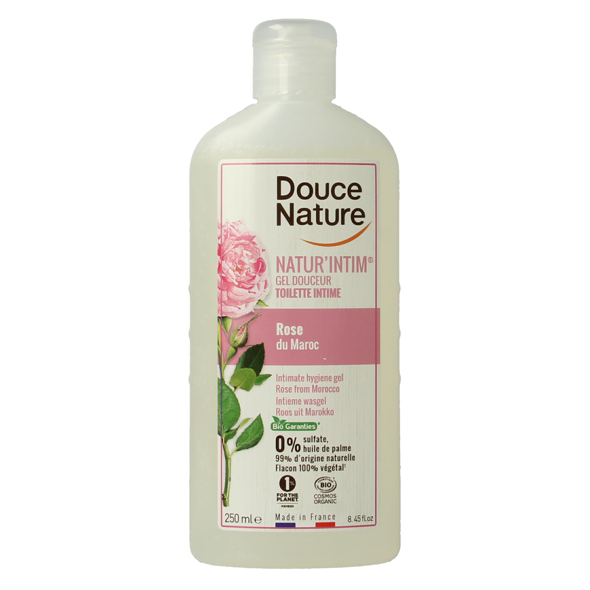 Douce Nature Natur Intim Rose Bio feminine hygiene wash in a 250ml bottle, gentle natural product for intimate care.