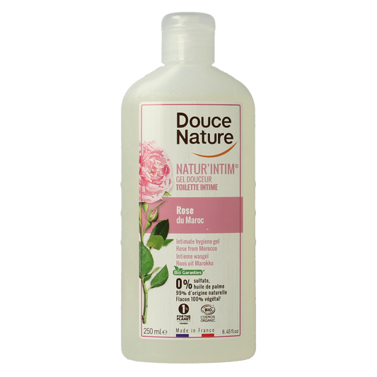 Douce Nature Natur Intim Rose Bio feminine hygiene wash in a 250ml bottle, gentle natural product for intimate care.