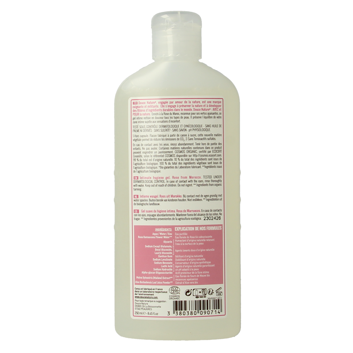 Douce Nature Natur Intim Rose Bio feminine hygiene wash bottle, 250ml, with a soft rose scent and natural ingredients.