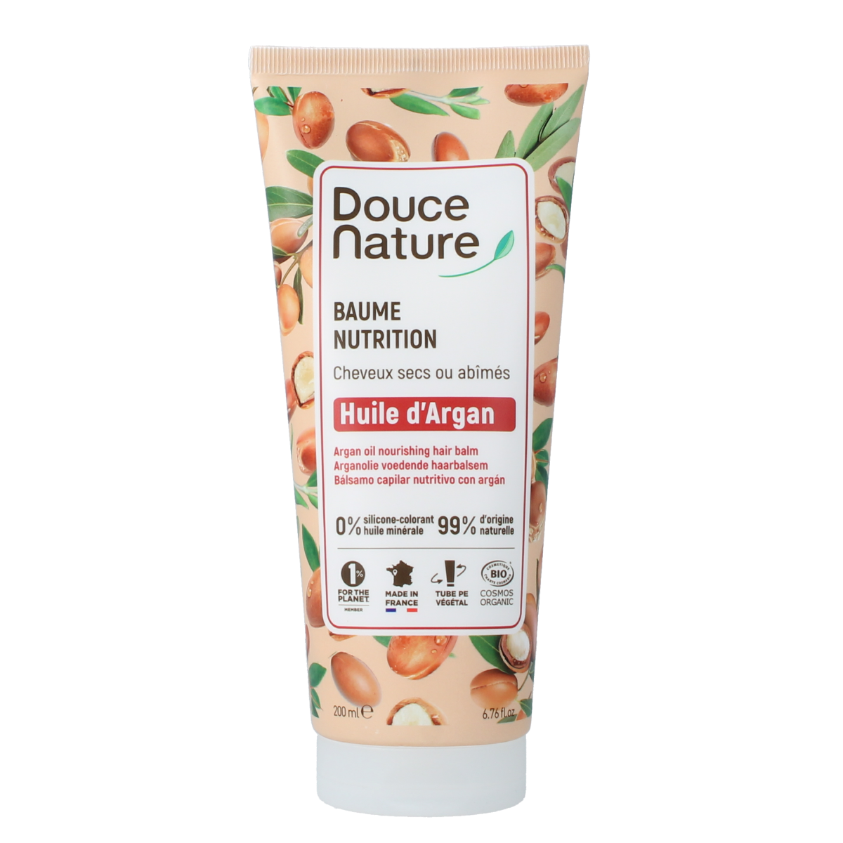 Douce Nature argan oil conditioner for dry and damaged hair, 200ml, natural hair care product with organic ingredients.