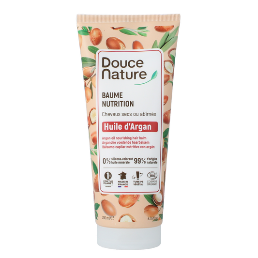 Douce Nature argan oil conditioner for dry and damaged hair, 200ml, natural hair care product with organic ingredients.