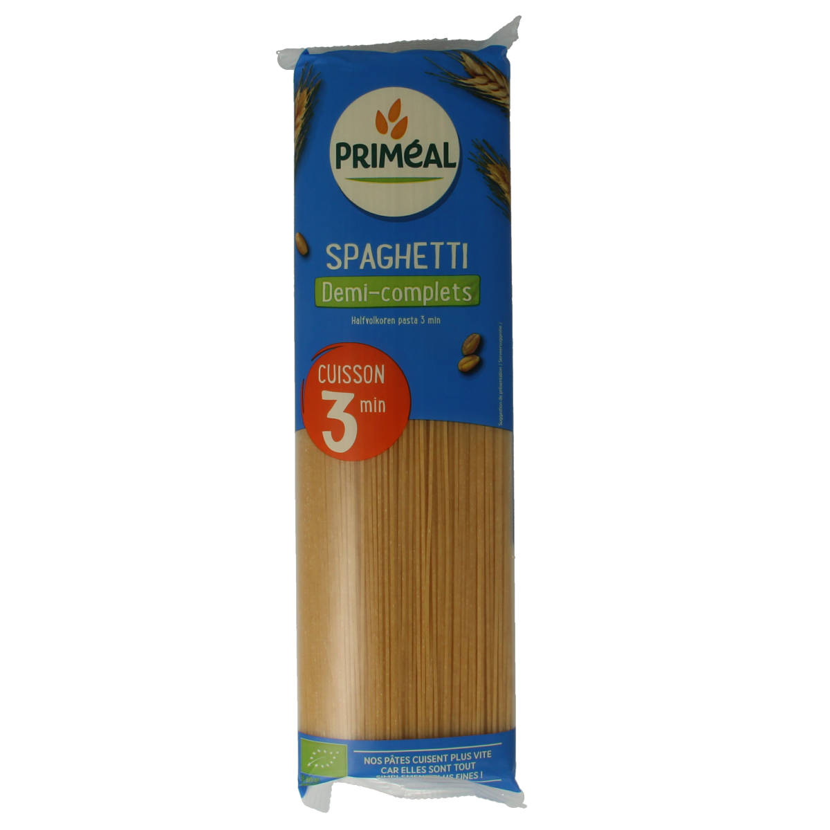 Primeal organic half-whole wheat quick-cook spaghetti in a 500g package, ideal for healthy pasta dishes.