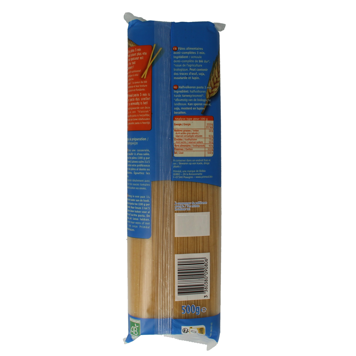Primeal bio halfvolkoren snelkokend spaghetti pasta in 500g package, ideal for quick and healthy meals.