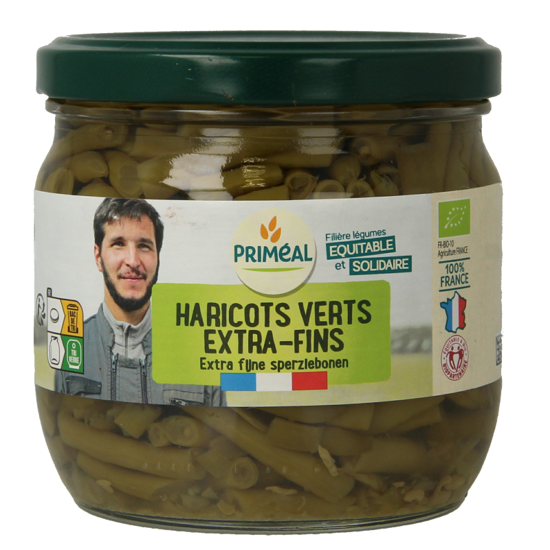 Primeal organic fine green beans (haricots verts) in a 330g package, fresh and vibrant, ideal for healthy vegetable dishes.