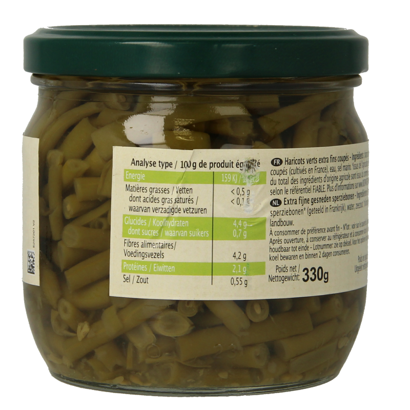 Primeal organic green beans (haricots verts) in 330g package, extra fine, fresh and vibrant for healthy eating.