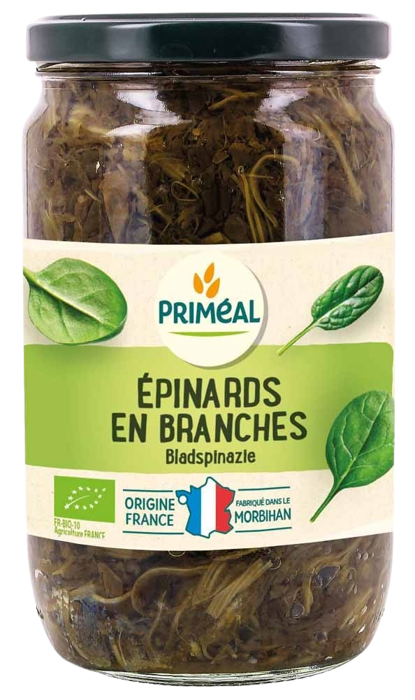 Primeal organic bladspinazie in 720ml container, fresh green leafy vegetable for cooking and salads.