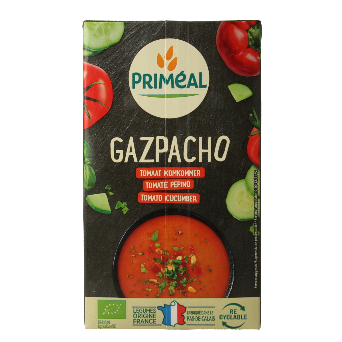 Primeal Gaspacho tomato and cucumber ready-to-eat meal in 1-liter bio carton, chilled and refreshing vegetable soup.