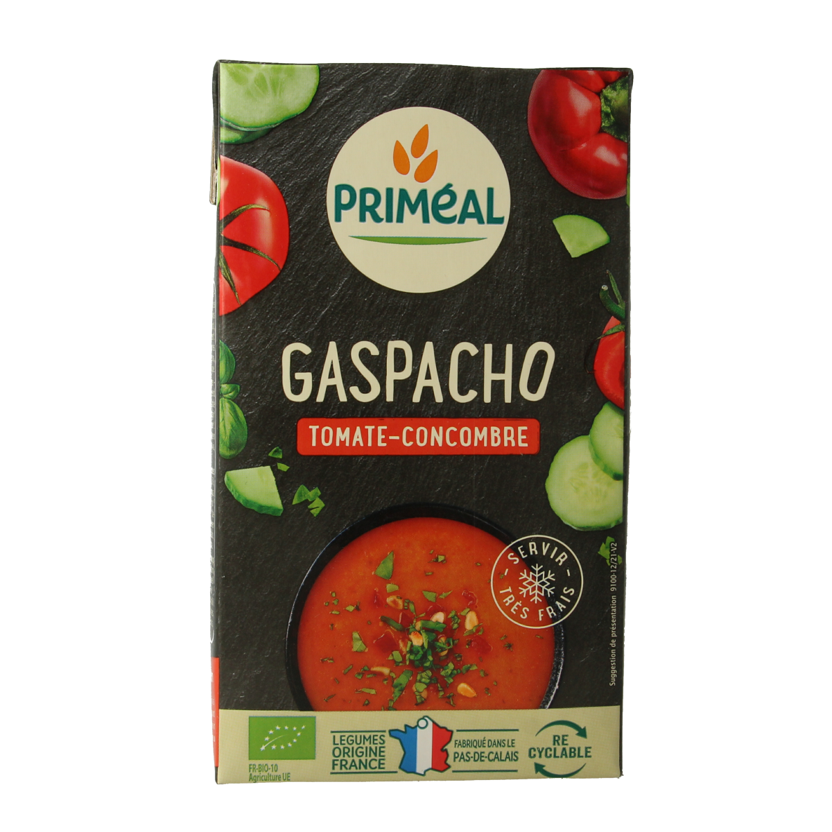 Primeal Gaspacho met tomaat en komkommer in 1-liter bio kant-en-klaar maaltijd, verfrissend en gezond.