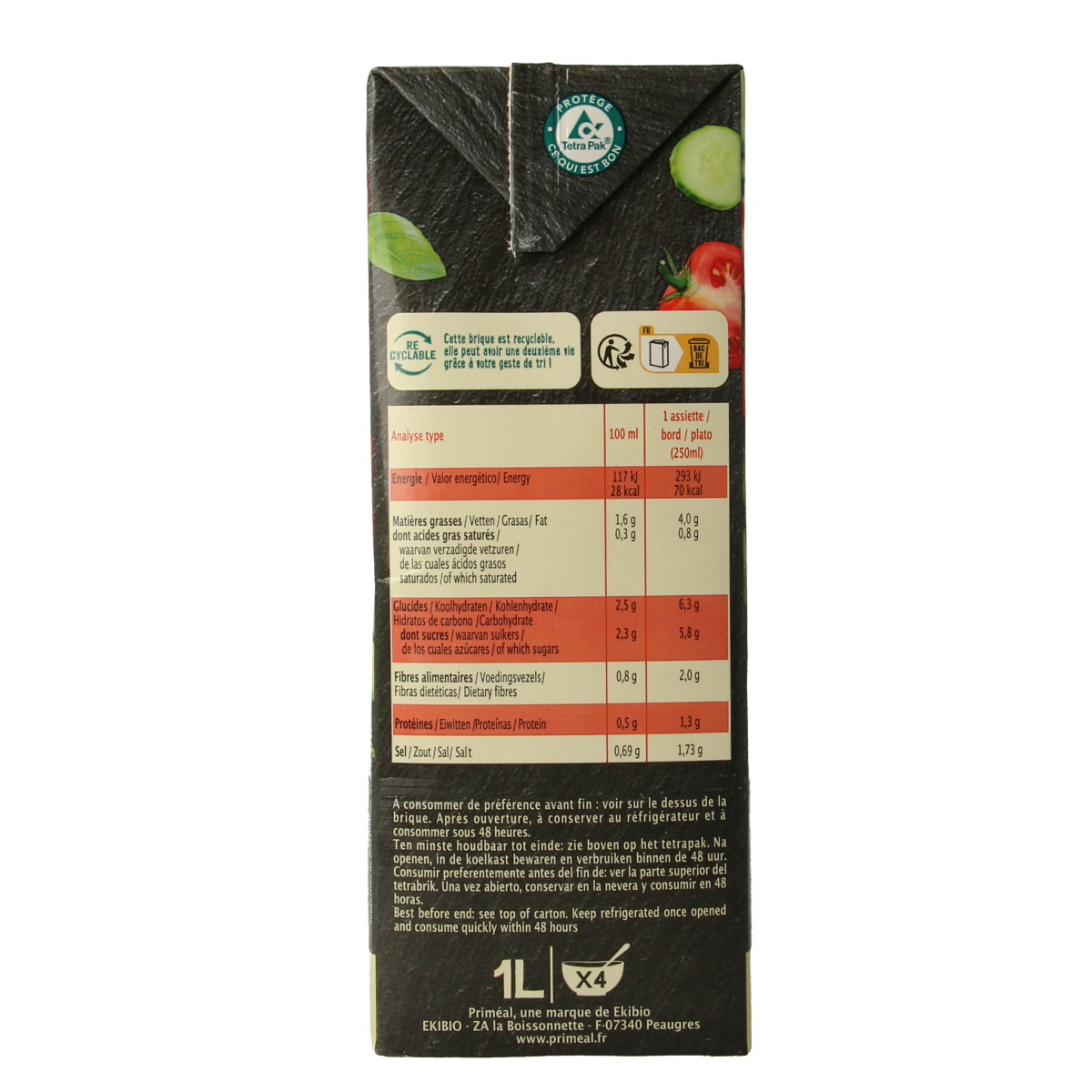 Primeal Gaspacho tomaat en komkommer biologische kant-en-klaar maaltijd in 1 liter container, fresh and chilled ready to serve.