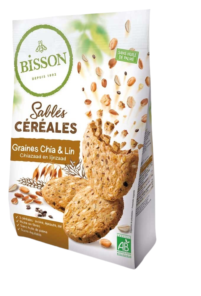 Bisson Zandkoekjes with chia and flaxseed, organic cookies in a 200g package, showing golden-brown baked biscuits.