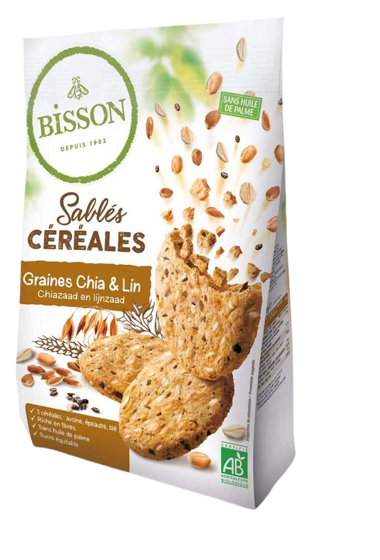 Bisson Zandkoekjes with chia and flaxseed, organic cookies in a 200g package, showing golden-brown baked biscuits.