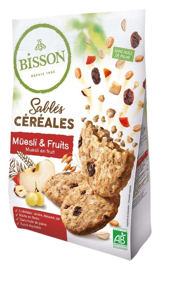 Bisson Zandkoekjes muesli and fruit organic biscuits in a 200g package, showing golden-brown cookies with visible muesli and fruit pieces.