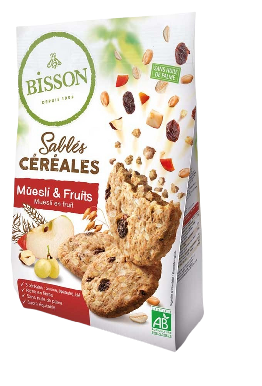 Bisson Zandkoekjes muesli and fruit organic biscuits in a 200g package, showing golden-brown cookies with visible muesli and fruit pieces.