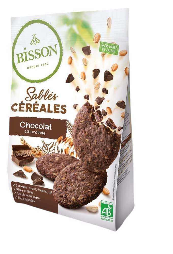 Bisson Zandkoekjes chocolade en granen bio, 200g, showing the crispy cookies with chocolate and grain ingredients.